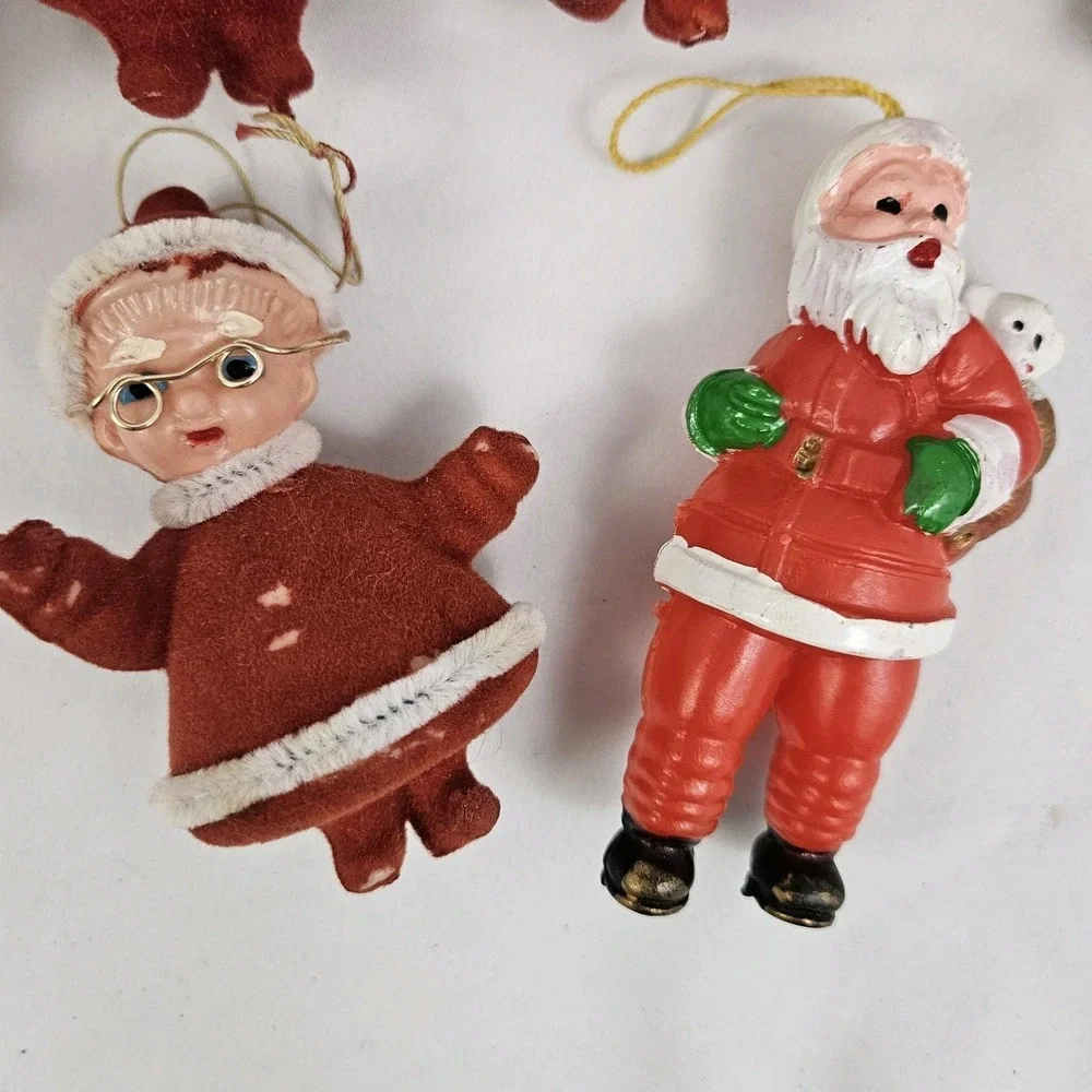 Vintage 6 Blow Mold Santa Mrs Clause Christmas Tree Light Covers MCM Flocked